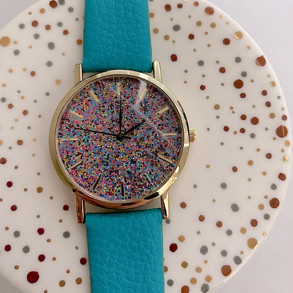 Confetti Glitter Face Watch with Turquoise Adjustable Band - Picture 1 of 5